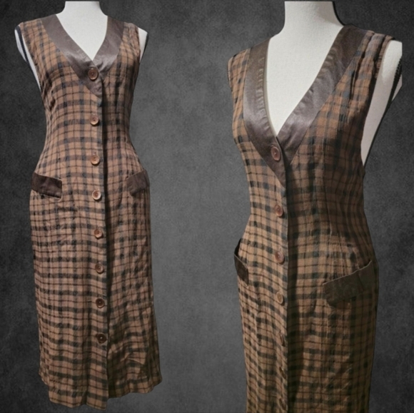 Vintage Plaid Buttondown Brown Sheath Sleeveless Midi Vest Dress with V-Neck - Picture 1 of 6